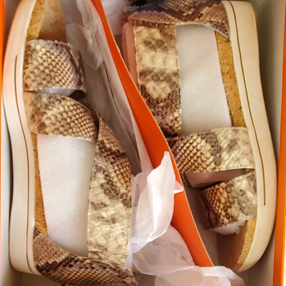 Adrienne Vittadini Beige and Brown Snake Print Sandals